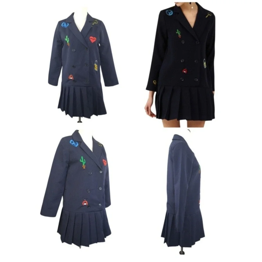 Blanc Jo Studio Blazer‎ Dress Medium Blue Embroidered Double Breasted Pleated